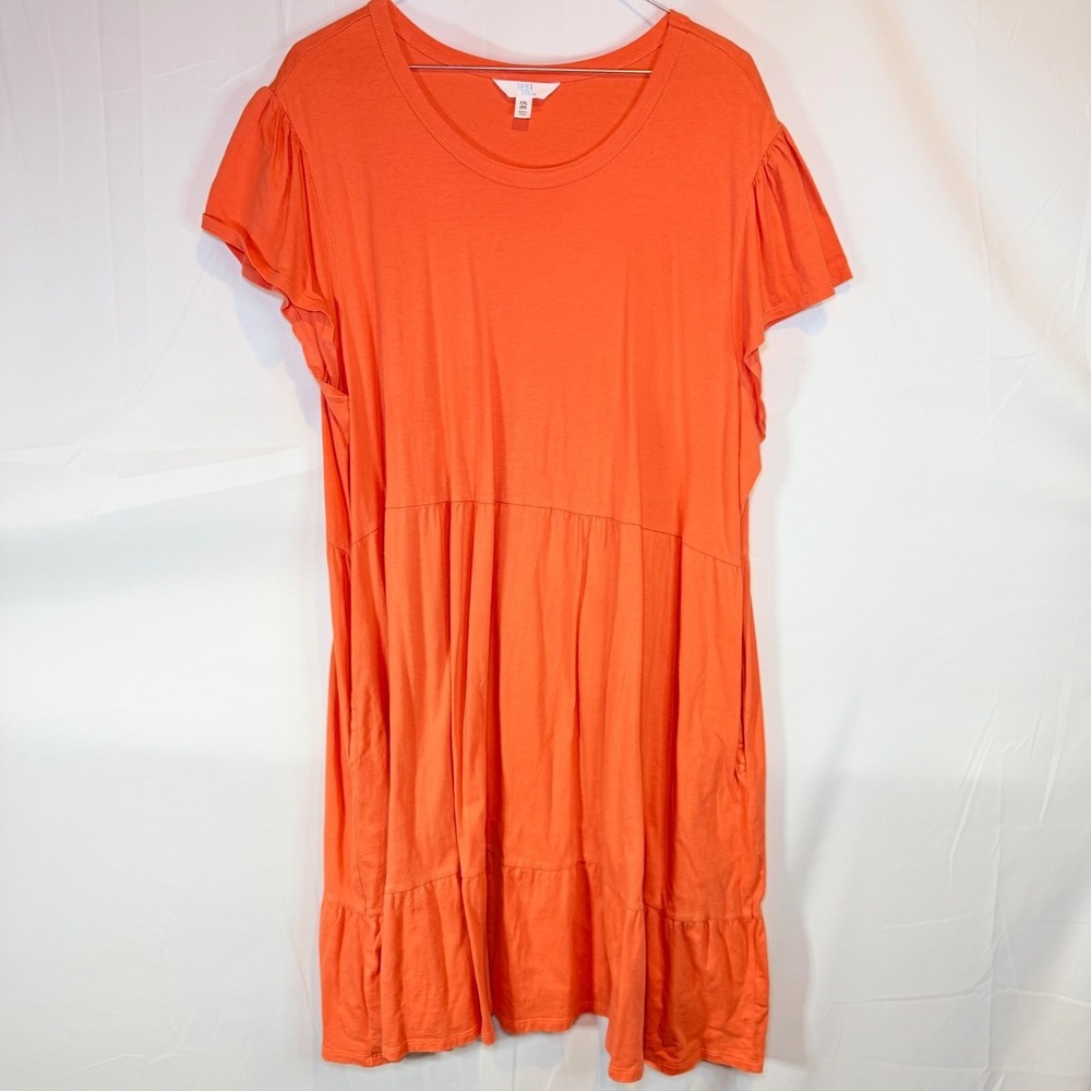 Time and Tru Women's Orange XXL (20) Tiered Flutter Sleeve Knit Dress Pockets
